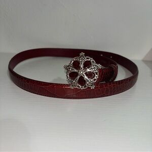 Brighton Women's Deep Red Croc-Embossed Belt with Ornate Silver Floral Buckle